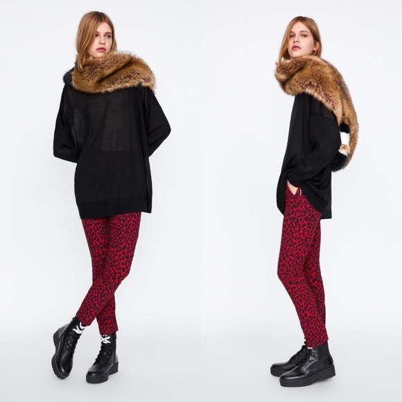 Zara Leopard Animal Print Red Black Skinny Pants - Picture 6 of 9